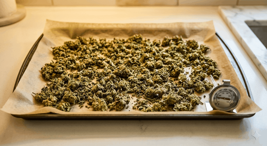 Coarsely broken THCa flower spread on a parchment-lined baking sheet for oven decarboxylation