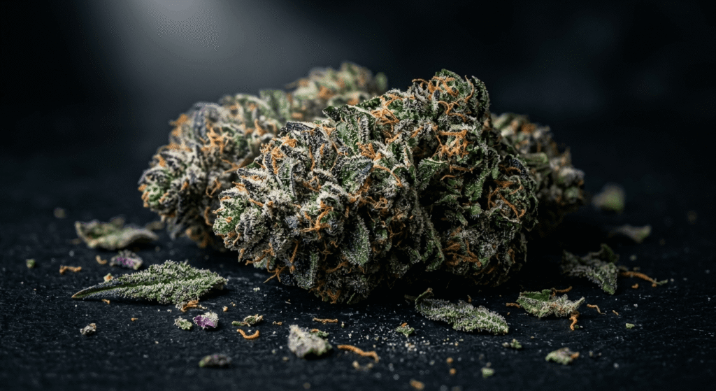Dense trichome-covered hemp flower buds on matte black surface — Co.Exotics buyer's guide