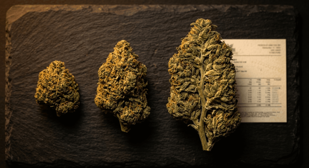 Three premium hemp flower buds beside a lab COA document on dark slate surface