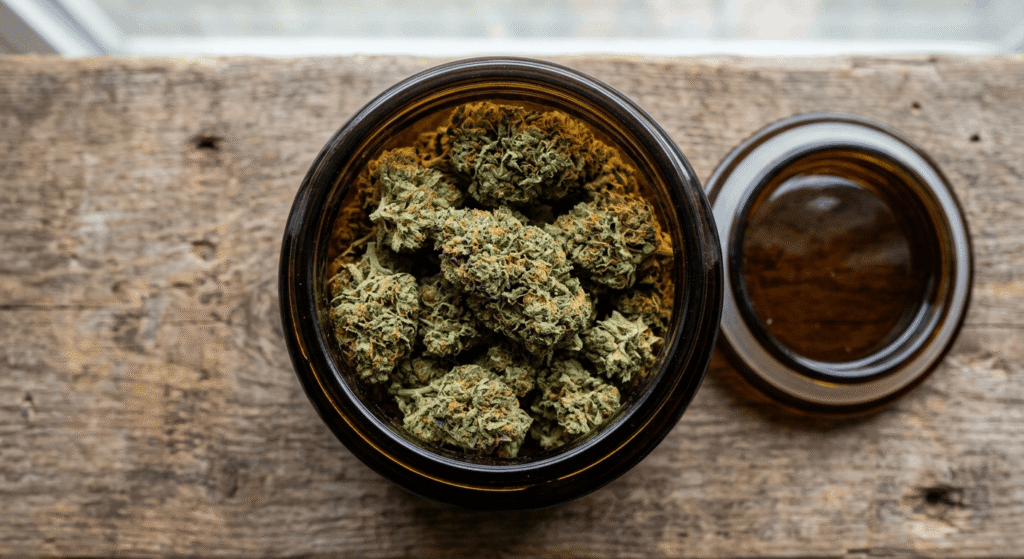 Open amber glass jar filled with cured hemp flower buds on wood surface for storage guide