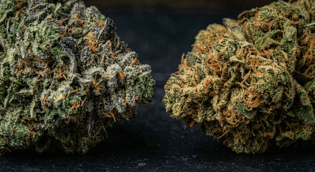 Macro close-up comparing indoor THCa bud density versus light dep hemp flower trichome structure