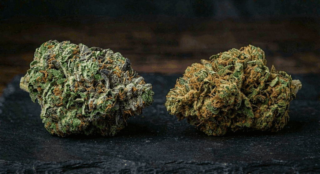 Side-by-side comparison of light dep and indoor THCa hemp flower buds on dark surface