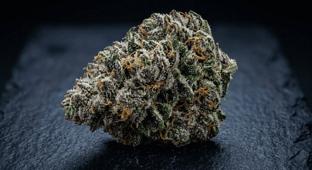 Top-shelf THCa flower bud with thick crystal trichome coverage on dark surface
