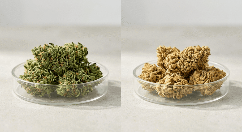 Side-by-side comparison of raw green THCa flower and golden-brown decarboxylated flower