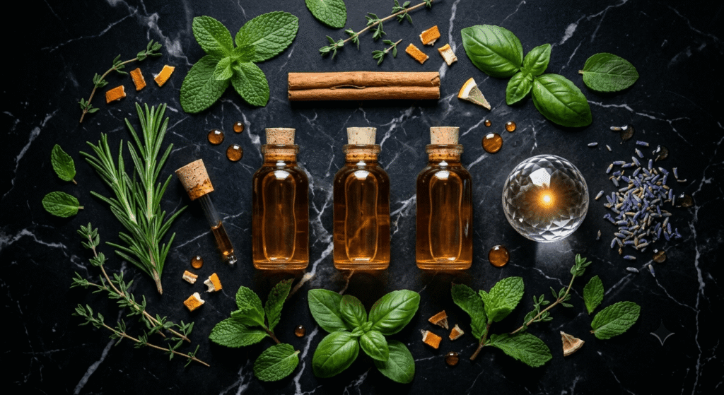 Row of amber glass dropper bottles surrounded by fresh herbs and citrus peels on black marble representing terpene benefits in wellness and aromatherapy products
