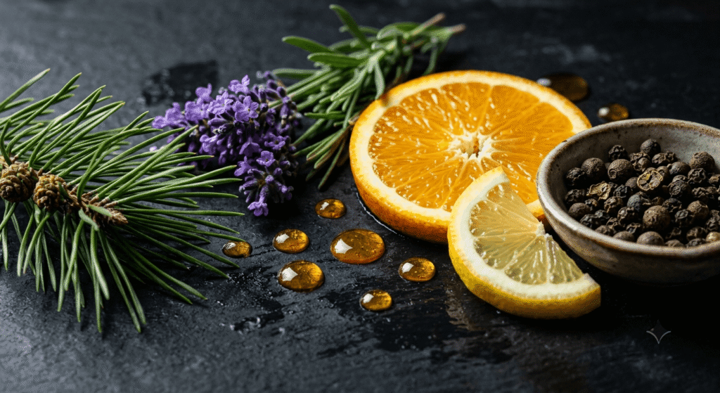 Macro photo of pine needles, citrus slices, lavender sprigs, and black peppercorns on a dark surface representing natural terpene sources