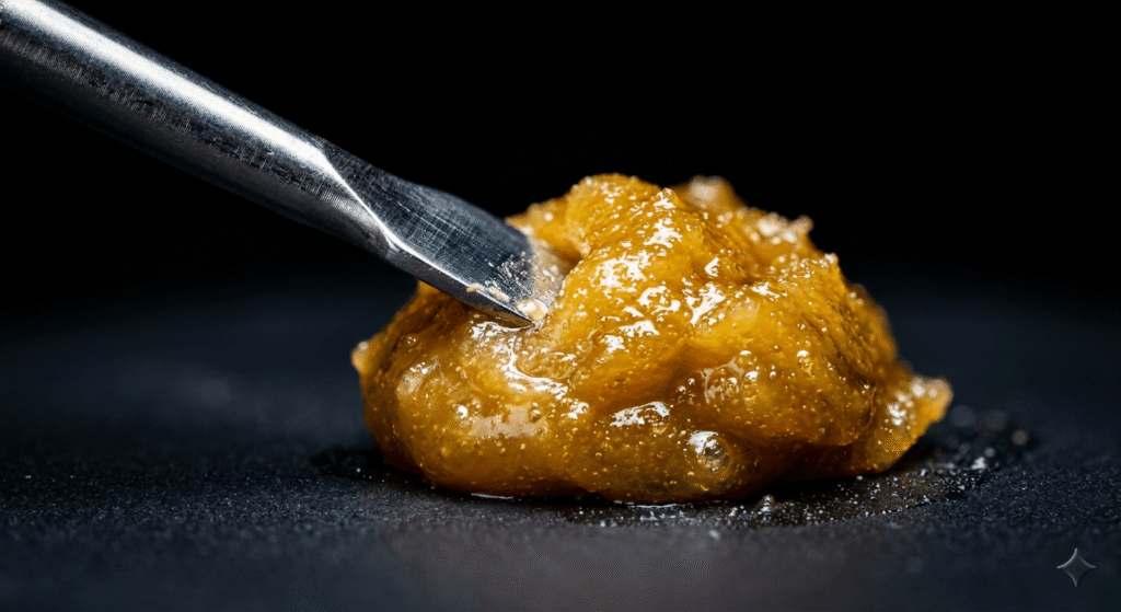 Close-up macro shot of golden THCa badder concentrate on a dab tool against a dark background