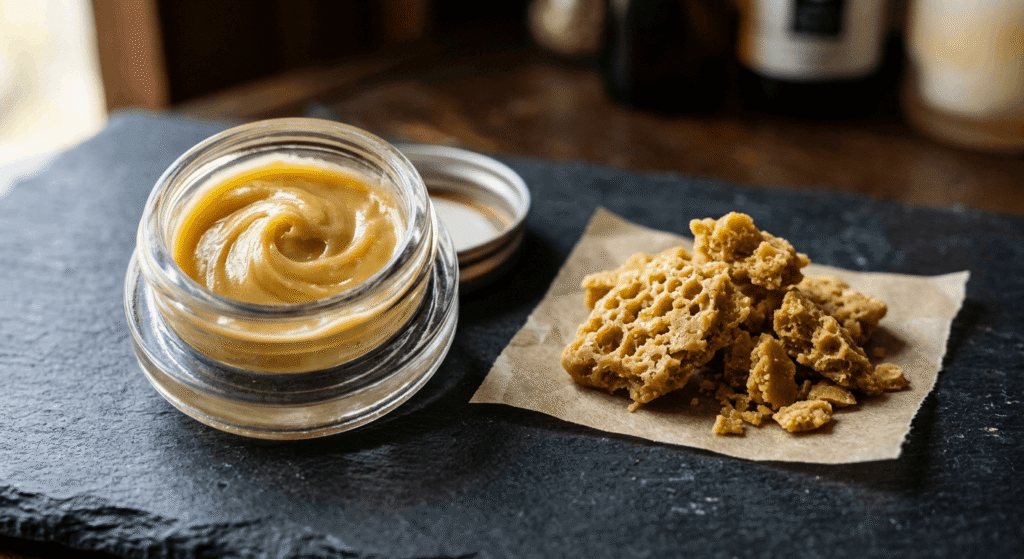 Side-by-side comparison of THCa badder and crumble wax concentrate textures on dark stone surface