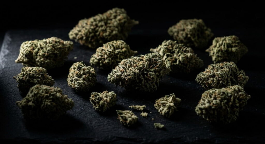 Various sized THCa hemp flower buds showing trim and grading differences