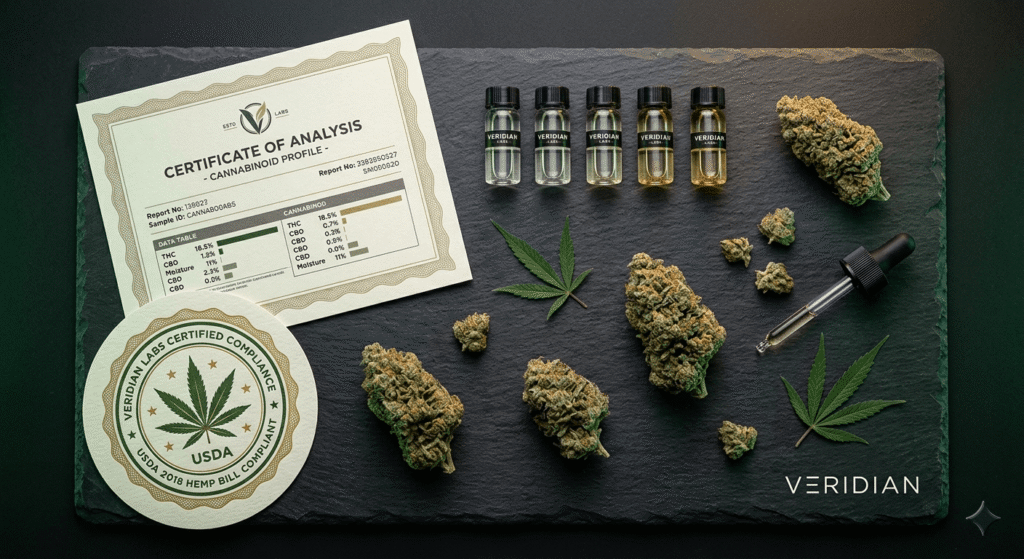 Hemp lab test certificate and compliance documents beside THCa flower and glass vials
