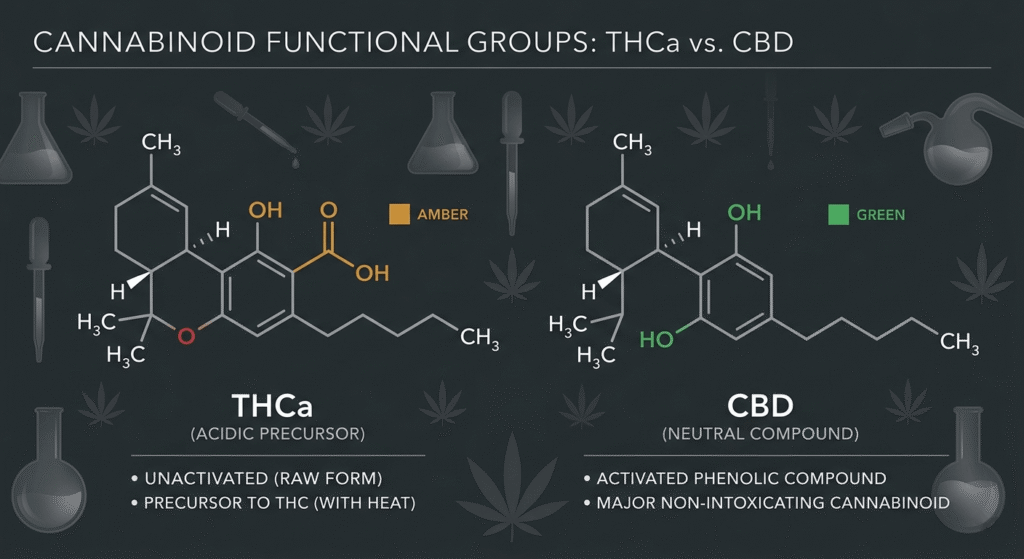 THCa and CBD molecular structure comparison diagram showing carboxyl vs hydroxyl groups