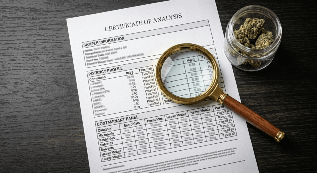 Certificate of analysis lab report with magnifying glass showing THCa potency and contaminant test results