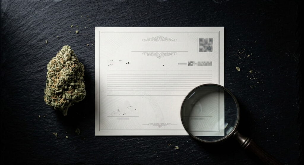 THCa flower bud with lab certificate of analysis document for verification