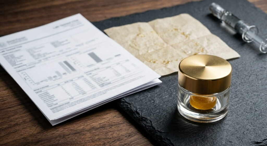 THCa concentrate glass jar beside a lab COA document on a dark wood surface