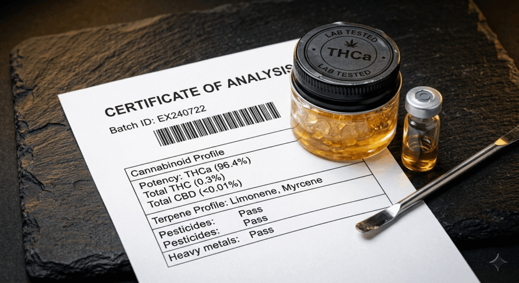 THCa concentrate jar beside a certificate of analysis lab document and a testing vial on a dark surface