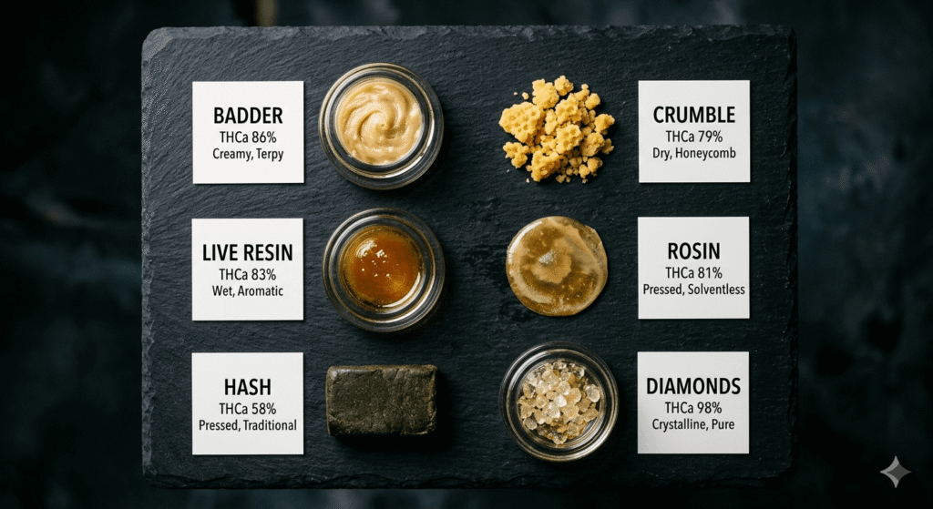 Six types of THCa concentrates — badder, crumble, live resin, rosin, hash, and diamonds — displayed on a dark slate surface