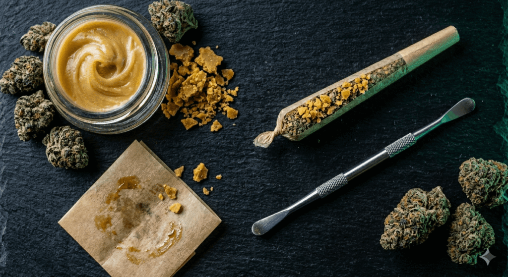 THCa crumble wax in glass jar with dab tool and hemp flower joint showing versatile concentrate uses