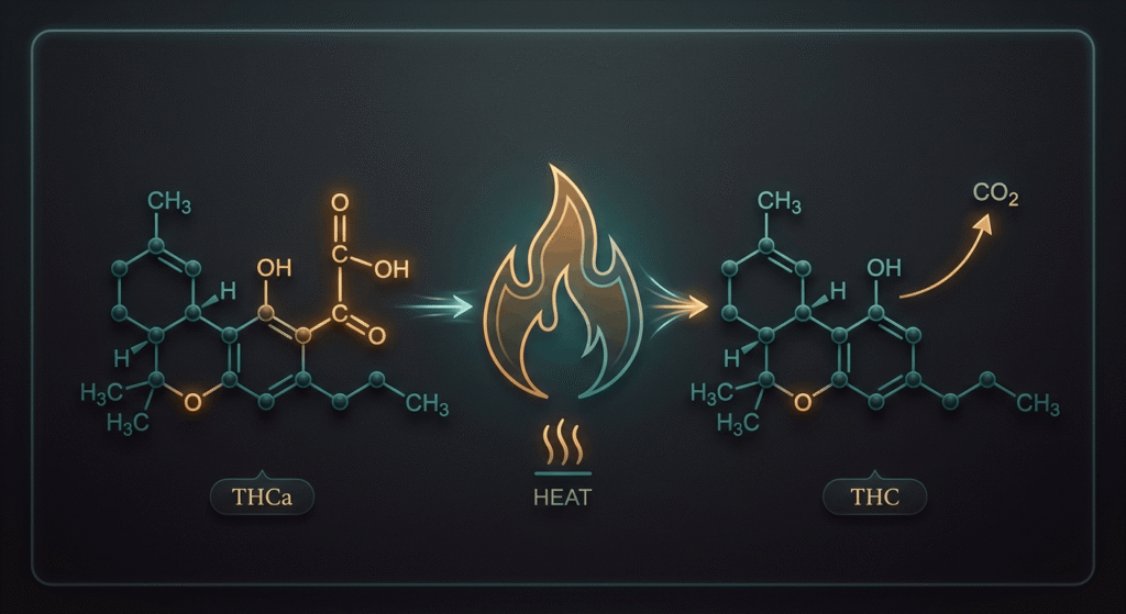 Diagram showing THCa molecule converting to THC through decarboxylation with heat