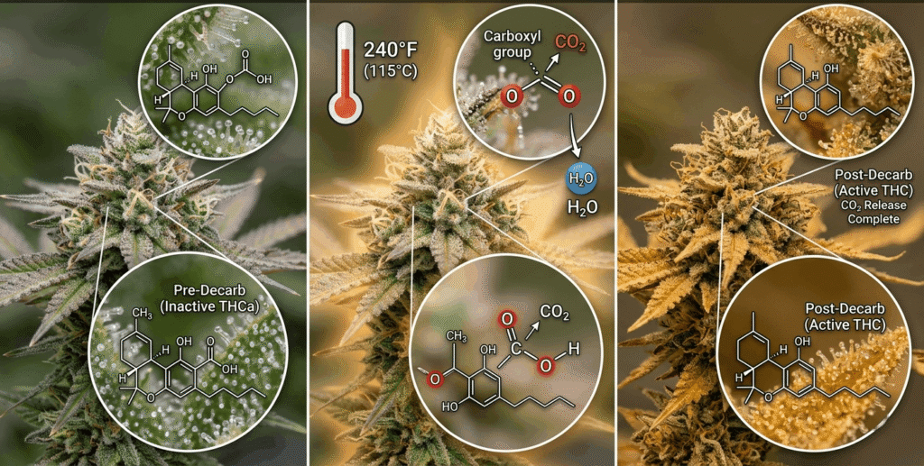 Three-stage diagram showing THCa flower converting to THC through heat-activated decarboxylation at 240°F