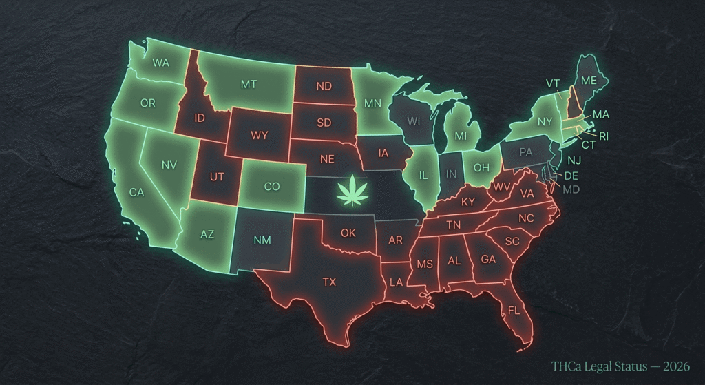 USA map showing THCa legal and banned states as of 2026 under new federal hemp definition