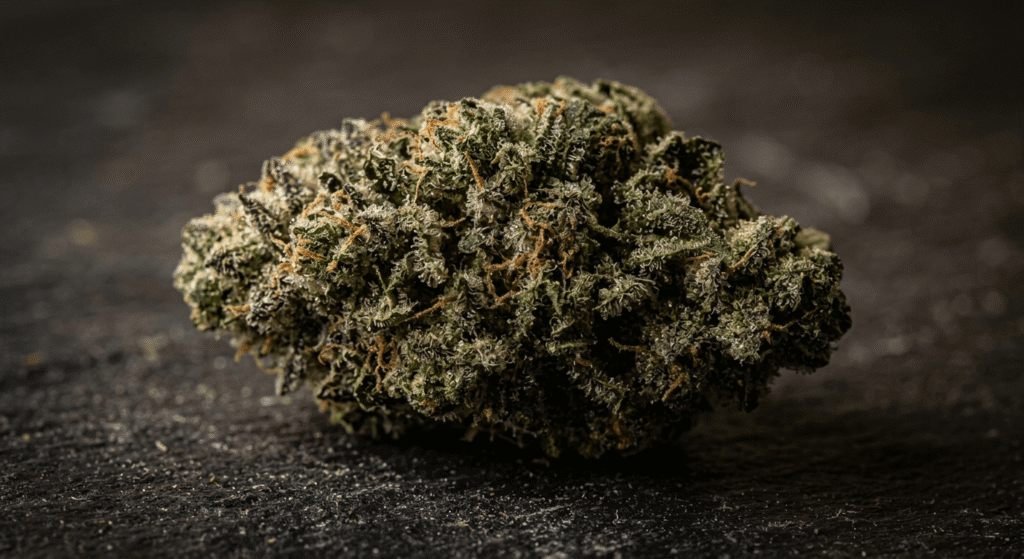 Macro shot of a THCa-rich hemp flower bud covered in crystal trichomes before decarboxylation