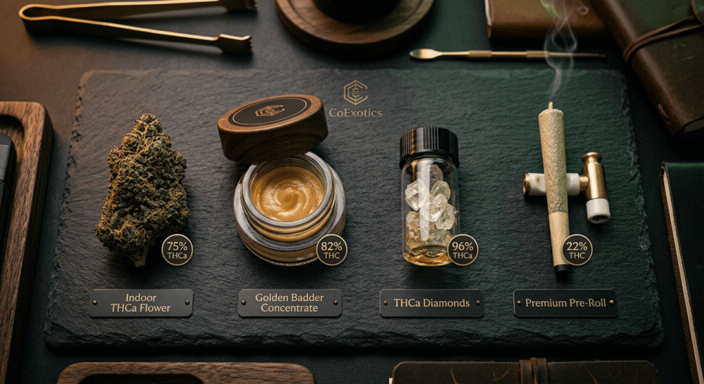 THCa hemp flower, badder concentrate, diamonds, and pre-roll arranged by potency level