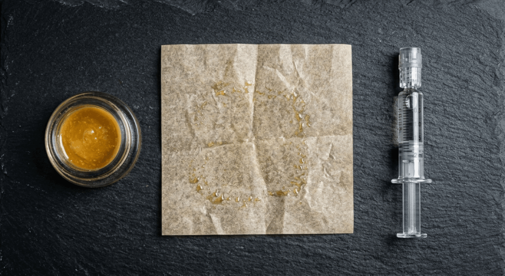Side-by-side comparison of THCa rosin in a glass jar and THCa distillate in a clear syringe on a dark surface