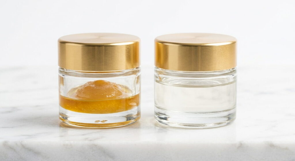 Two glass concentrate jars side by side on white marble — THCa rosin and THCa distillate in bright studio lighting