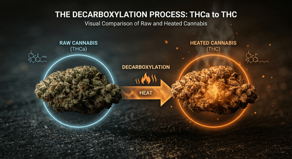 Visual diagram of THCa converting to THC through heat-activated decarboxylation