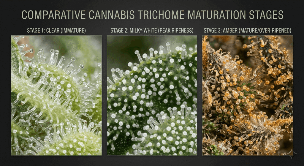 Three-stage trichome development comparison showing clear, cloudy, and amber THCa trichomes