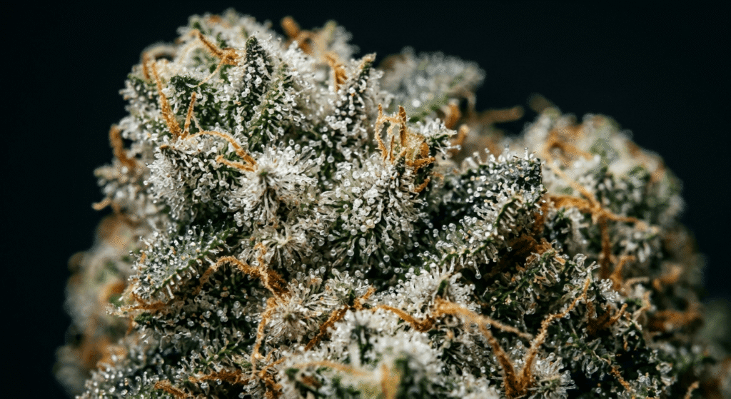 Close-up macro view of dense THCa trichomes on premium hemp flower
