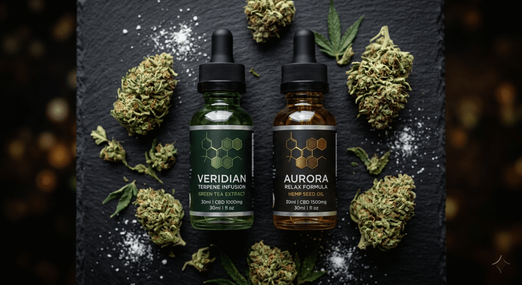 THCa vs CBD dropper bottles beside raw hemp flower buds on dark surface