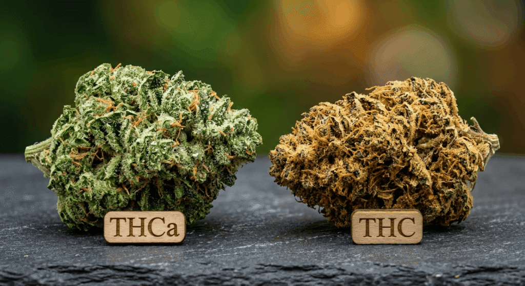 Side-by-side comparison of raw THCa hemp flower and decarboxylated THC cannabis bud