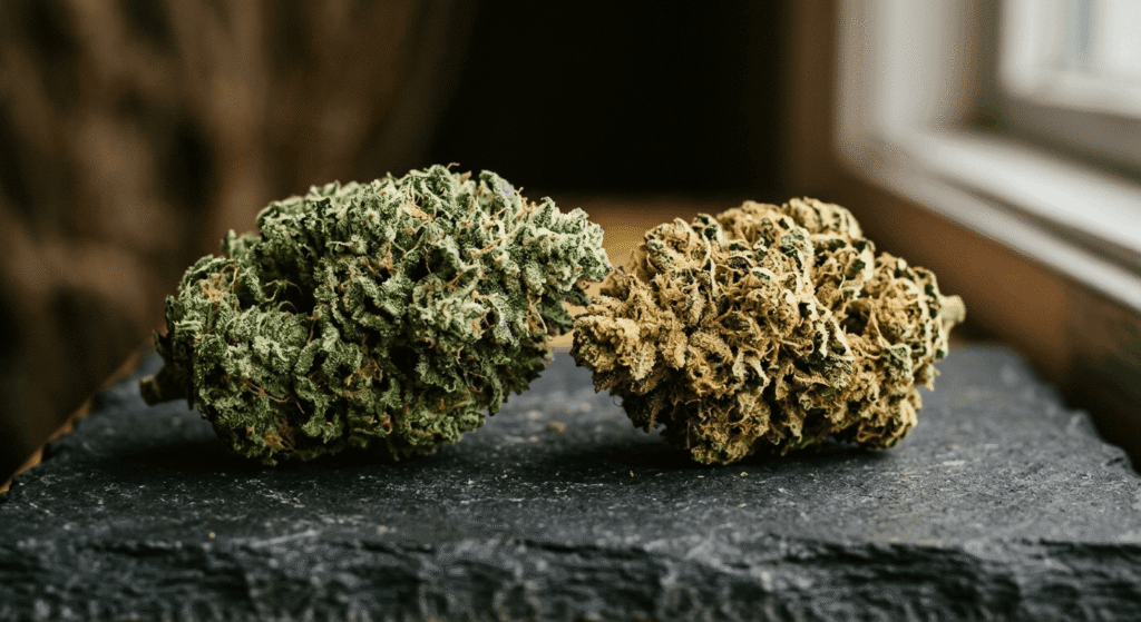 Two cannabis hemp flower buds side by side on dark surface showing raw THCa and activated THC comparison