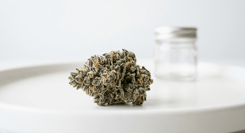Frosty indica THCa flower bud in bright studio lighting