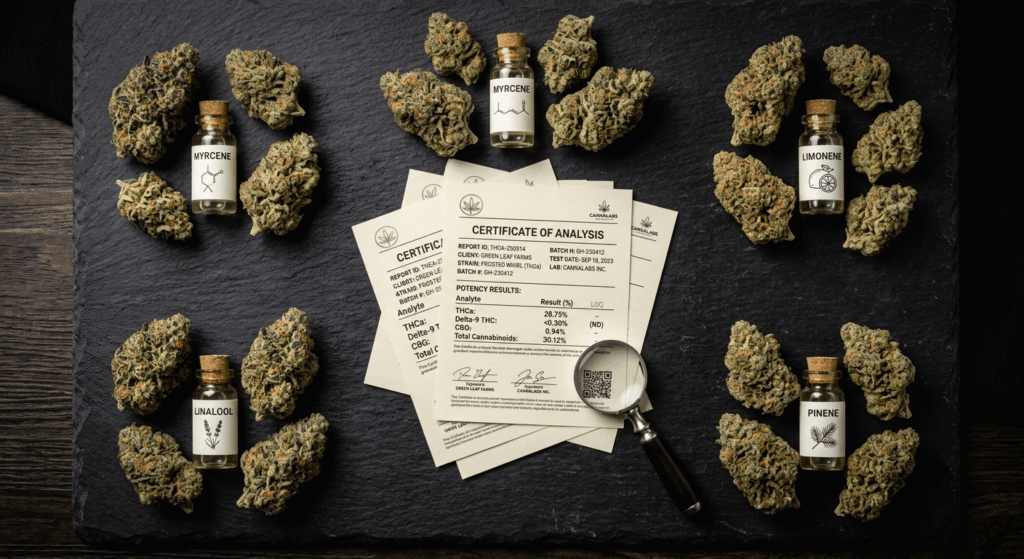 Hemp flower buds arranged with labeled terpene vials including myrcene and limonene