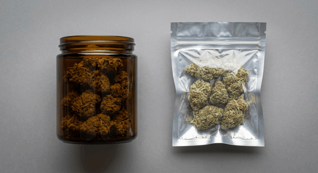Opaque glass jar and vacuum-sealed Mylar bag for THCa flower storage