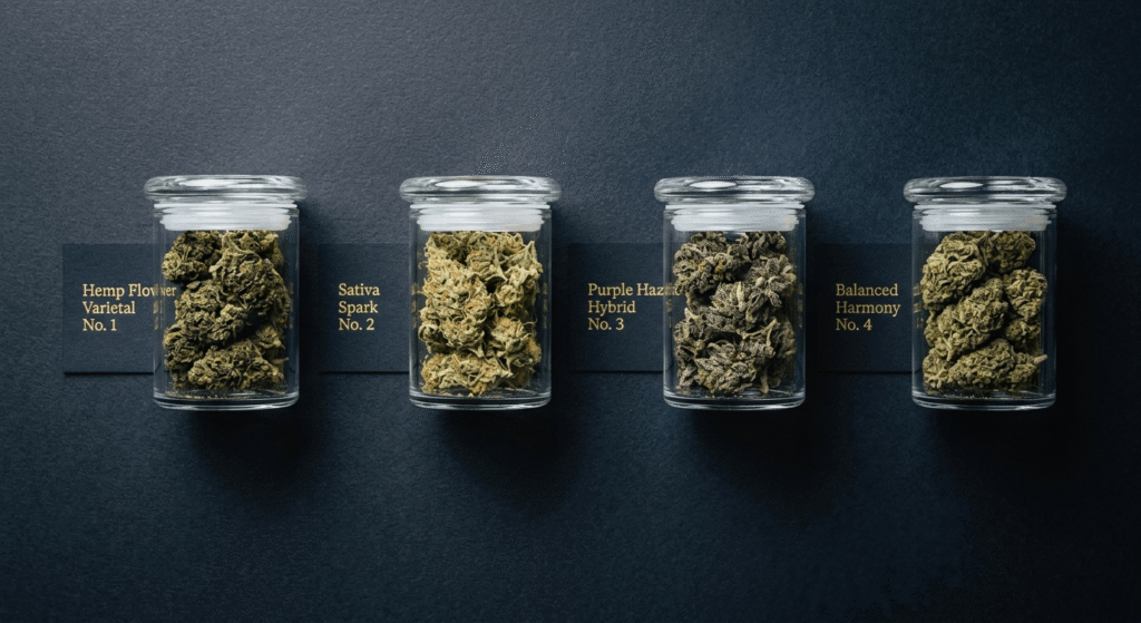 Four jars of hybrid THCa flower representing different strain type profiles