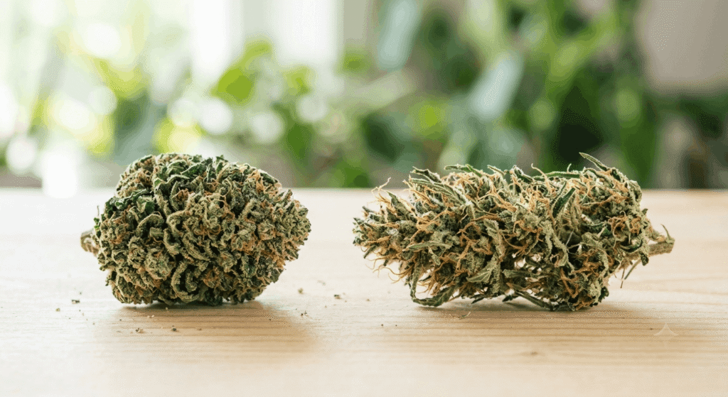 Indica and sativa hemp flower buds side by side in natural light showing hybrid THCa strain genetics