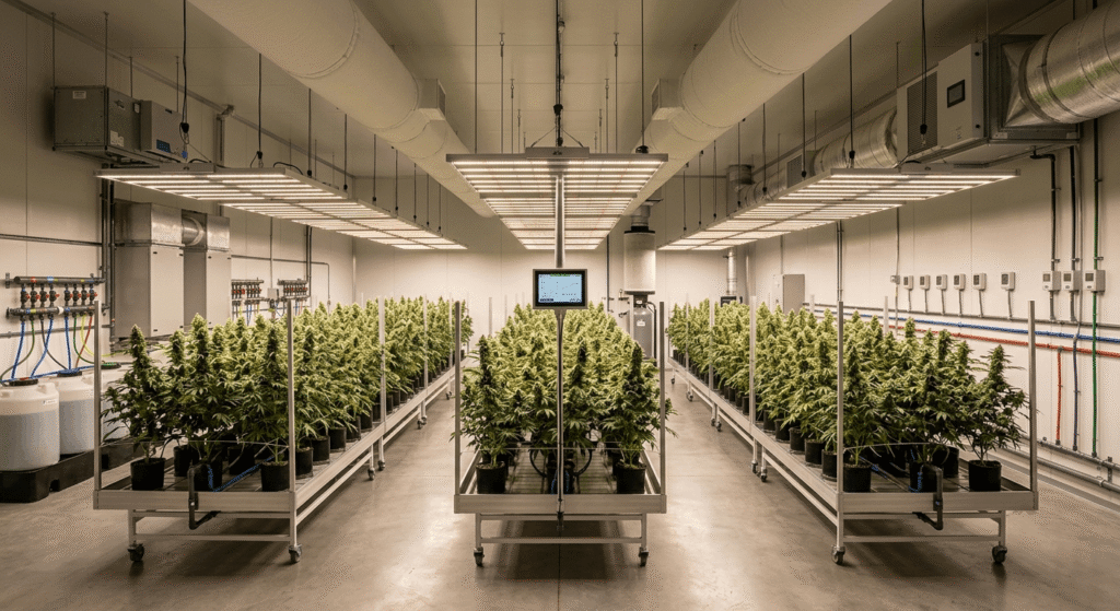 Indoor grow room used to cultivate premium exotic THCa hemp flower