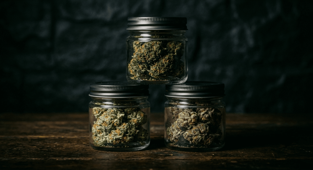 Three jars of hemp flower representing OG Kush parent genetic lineage