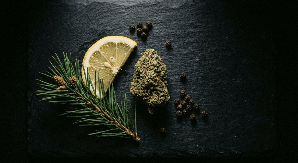 Hemp flower with citrus, pine, and pepper representing OG Kush terpene