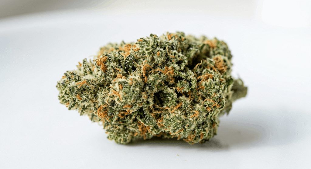 Dense OG Kush THCa flower bud showing heavy trichome coverage