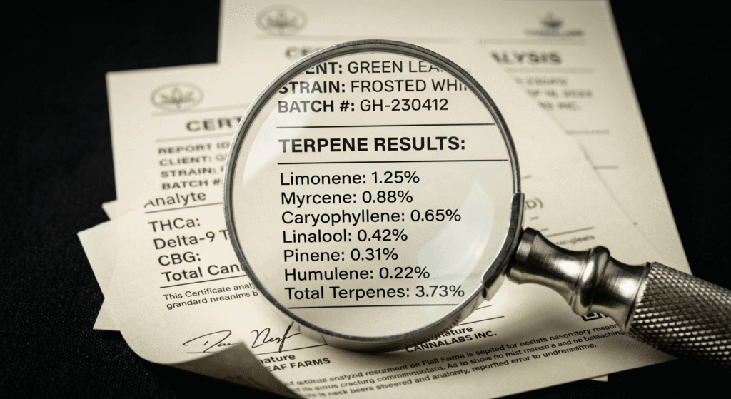 Magnifying glass over a terpene percentage panel on a hemp Certificate of Analysis