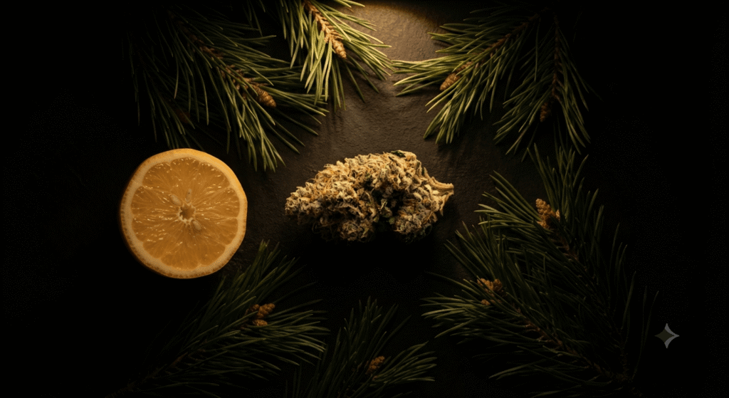 Hemp flower with pine and citrus elements representing limonene and pinene terpene profile