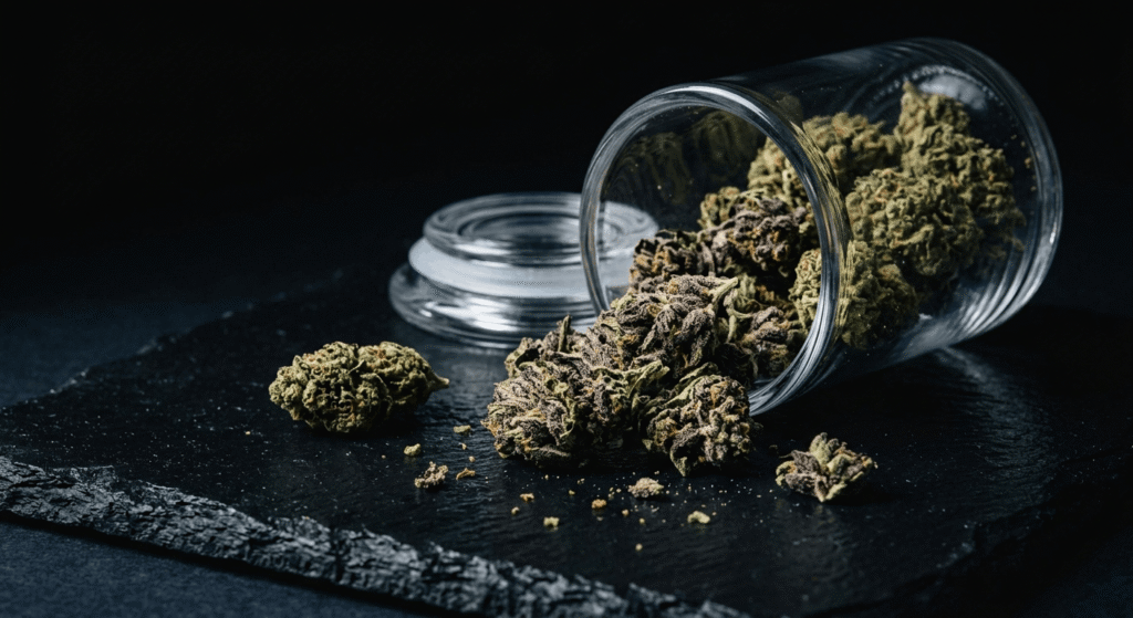 Open jar of hybrid THCa flower styled for shop hybrid hemp flower collection