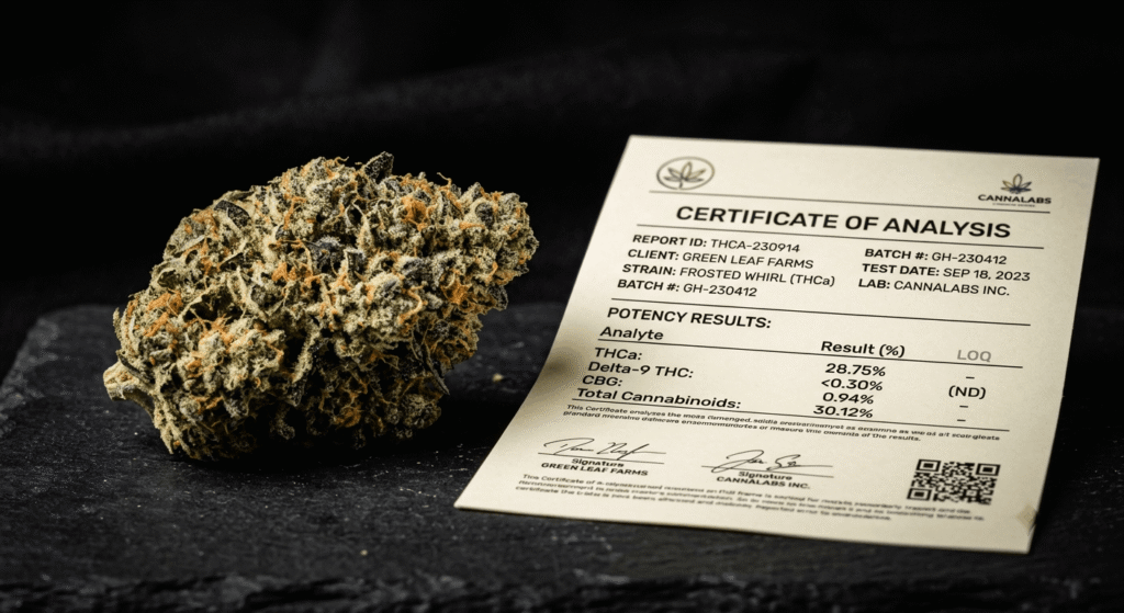 THCa hemp flower bud next to a Certificate of Analysis showing terpene profile"