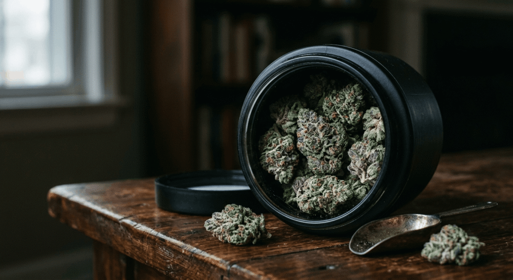 THCa flower buds stored properly in an airtight glass jar