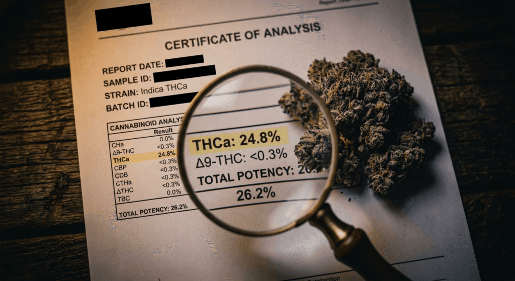 Certificate of Analysis displayed beside lab-tested THCa flower