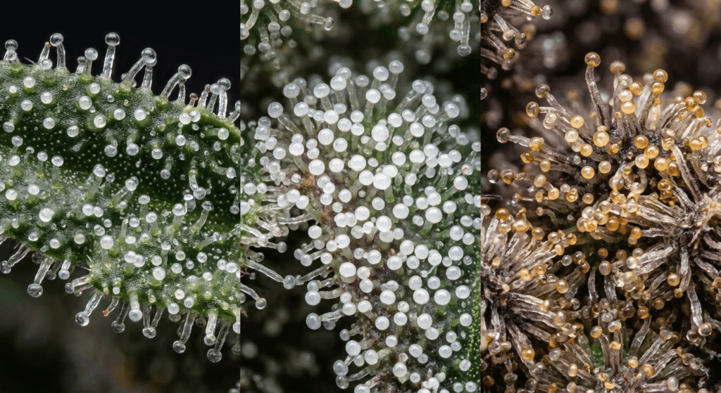 Trichome color stages showing clear, cloudy, and amber harvest timing on THCa flower